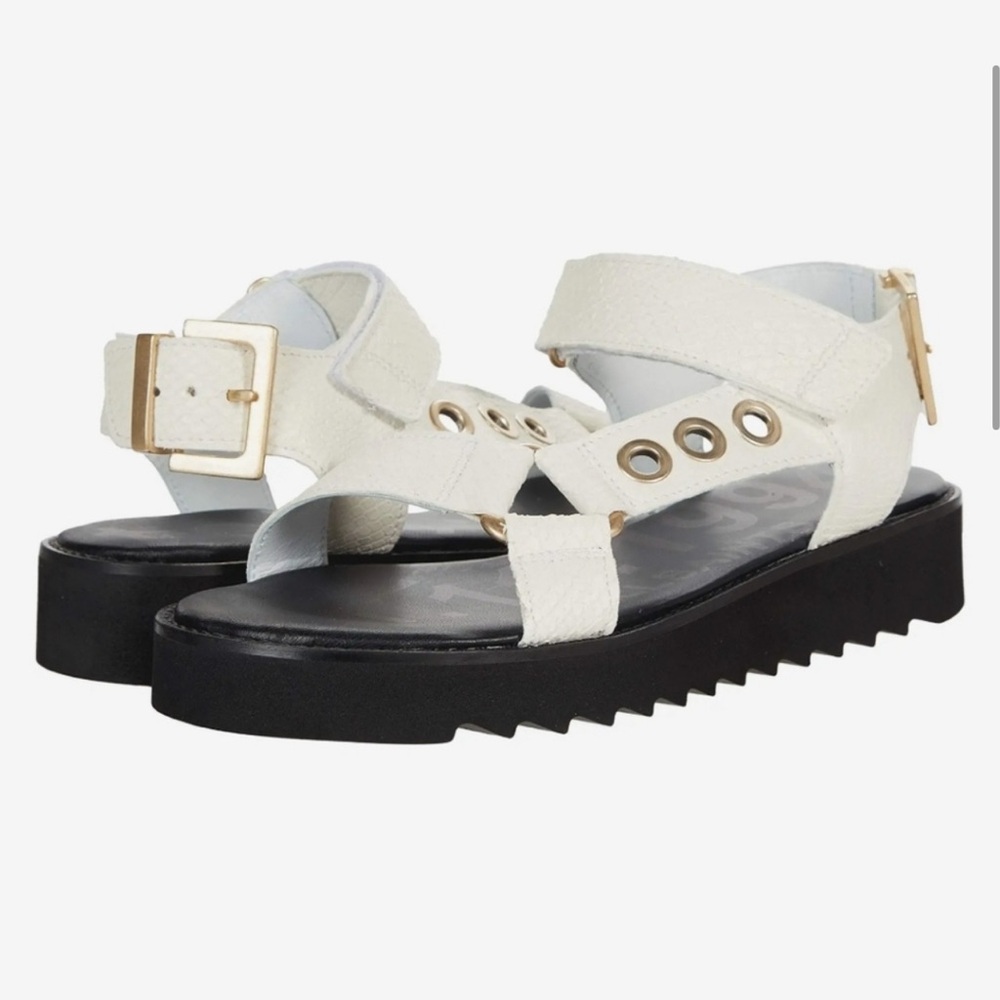 Women's White Sandals with Gold Buckle